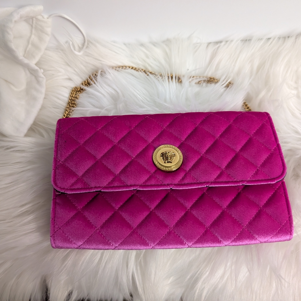 Versace Hot Pink Quilted Velvet Shoulder Bag with Gold Medallion